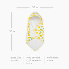 Little Unicorn lemon hooded towel hood detail highlights cozy warmth and head coverage.