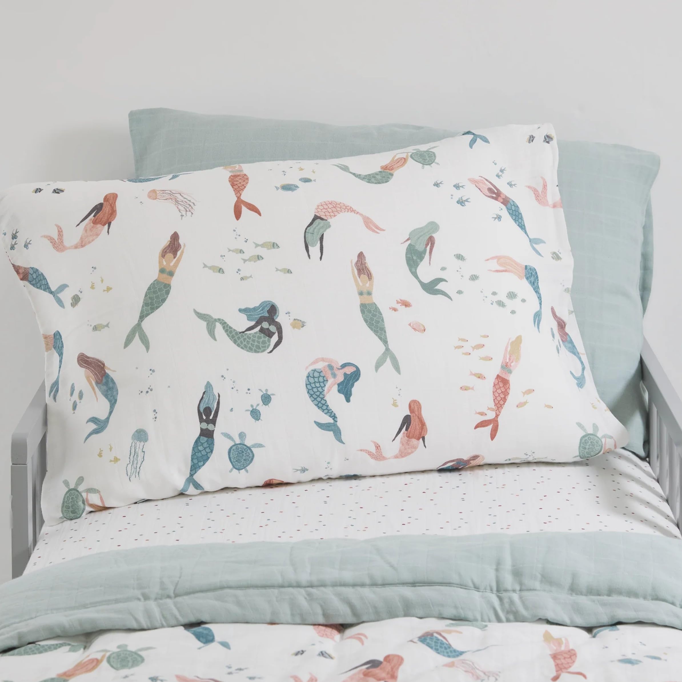 Little Unicorn Mermaid Party fabric detail highlights breathable moisture-wicking muslin