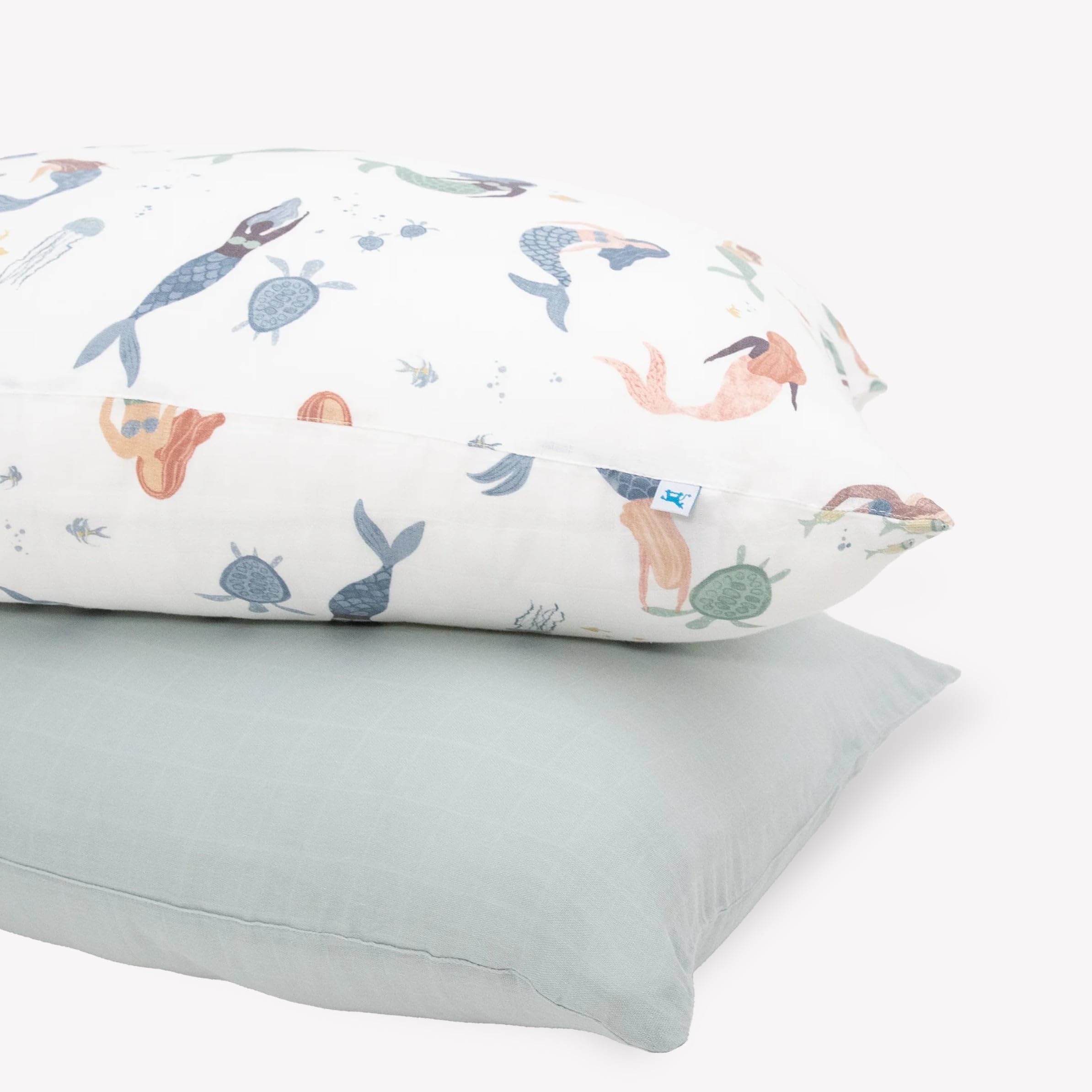 Little Unicorn Mermaid Party pillowcase close-up shows ultra-soft muslin for cozy nights