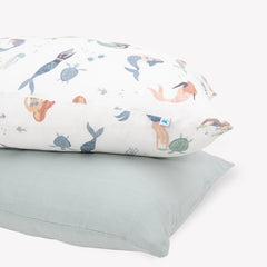 Little Unicorn Mermaid Party pillowcase close-up shows ultra-soft muslin for cozy nights