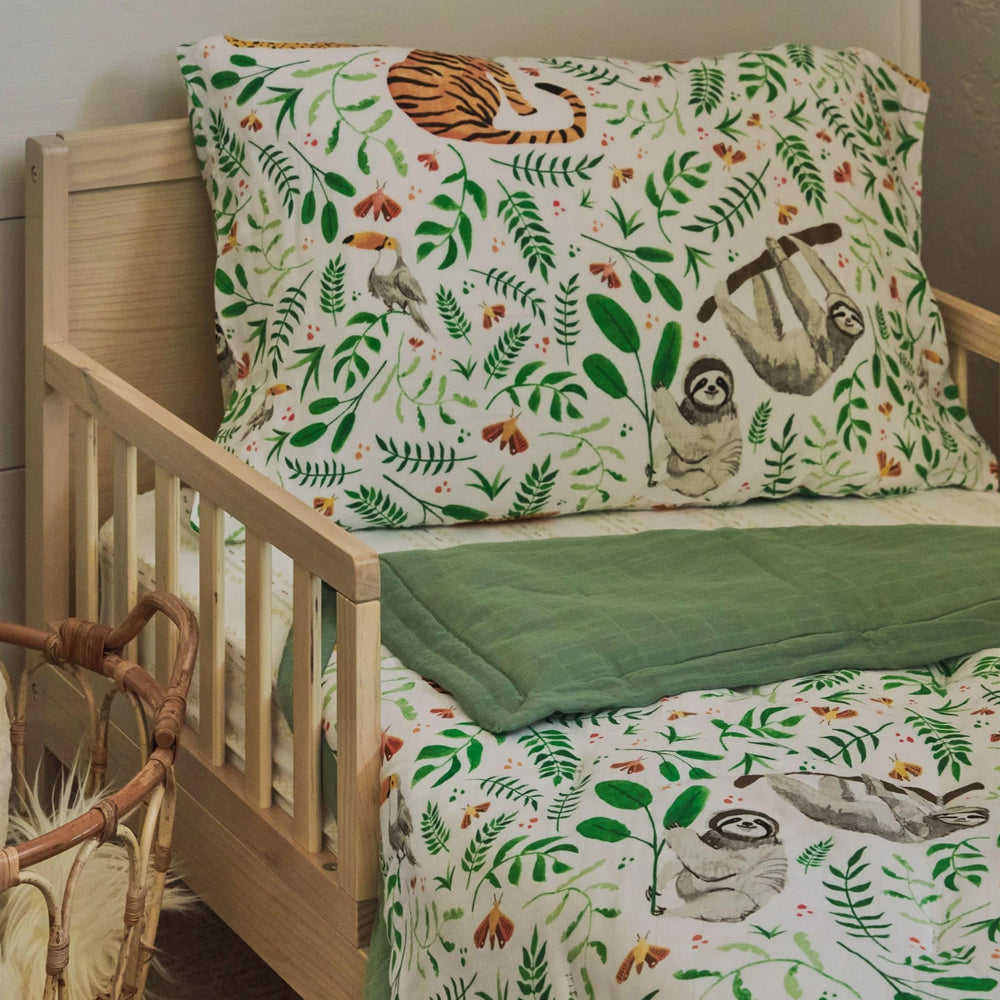 Little Unicorn Mighty Jungle pillowcase fits standard 20 by 26 pillows securely.