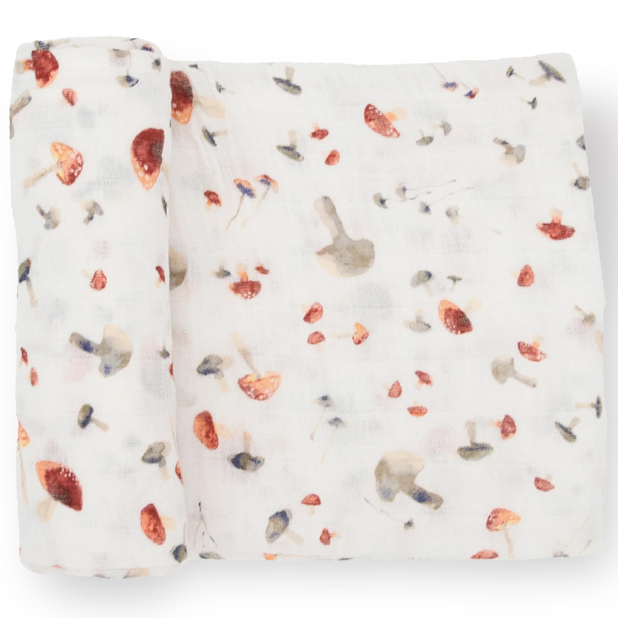 Little Unicorn mushrooms swaddle softness showcases breathable cotton for gentle baby cuddles.