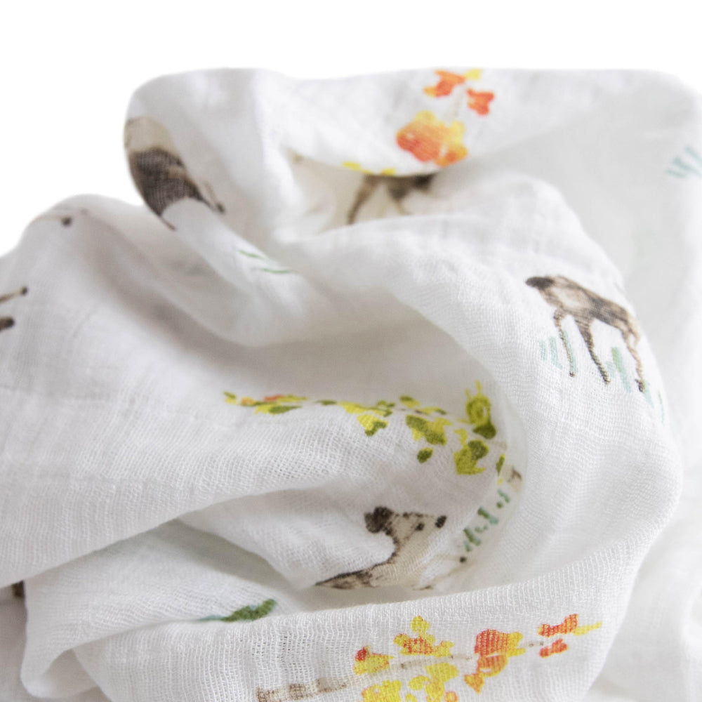 Little Unicorn muslin fabric shows breathable weave for warm days.