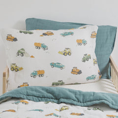 Little Unicorn pillowcase closeup shows 19x27 opening designed to snugly fit 20x26 pillows.