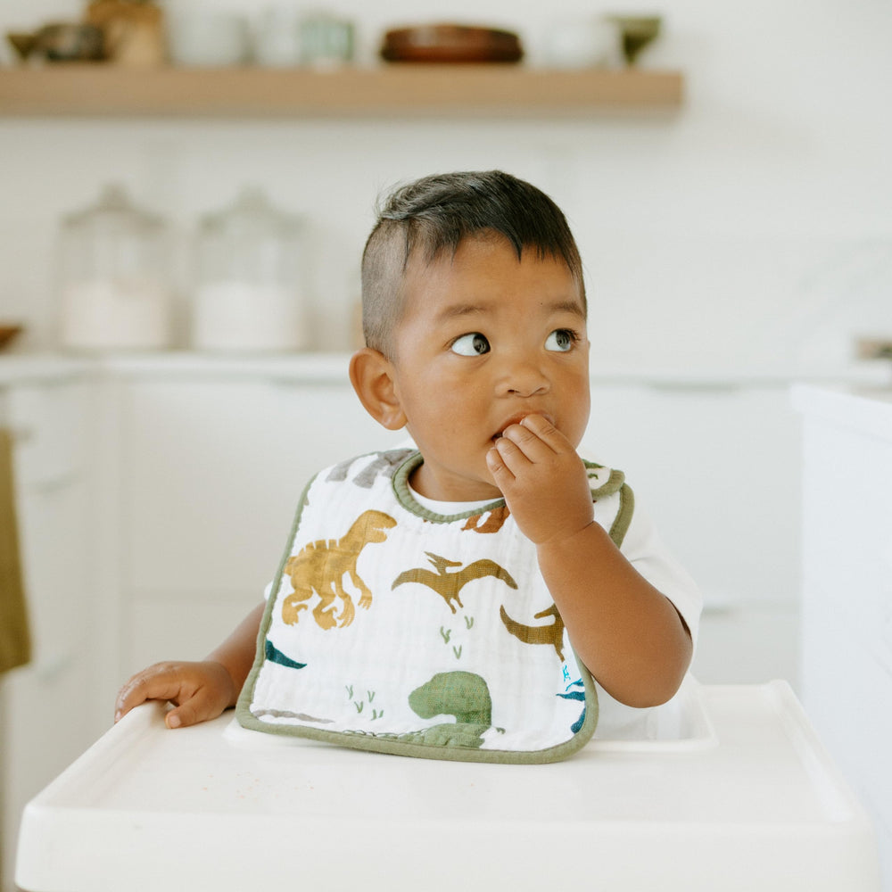 Little Unicorn Premium Classic Bib Dino Friends 2 earth-tone-patterns suit nursery styling and coordination.