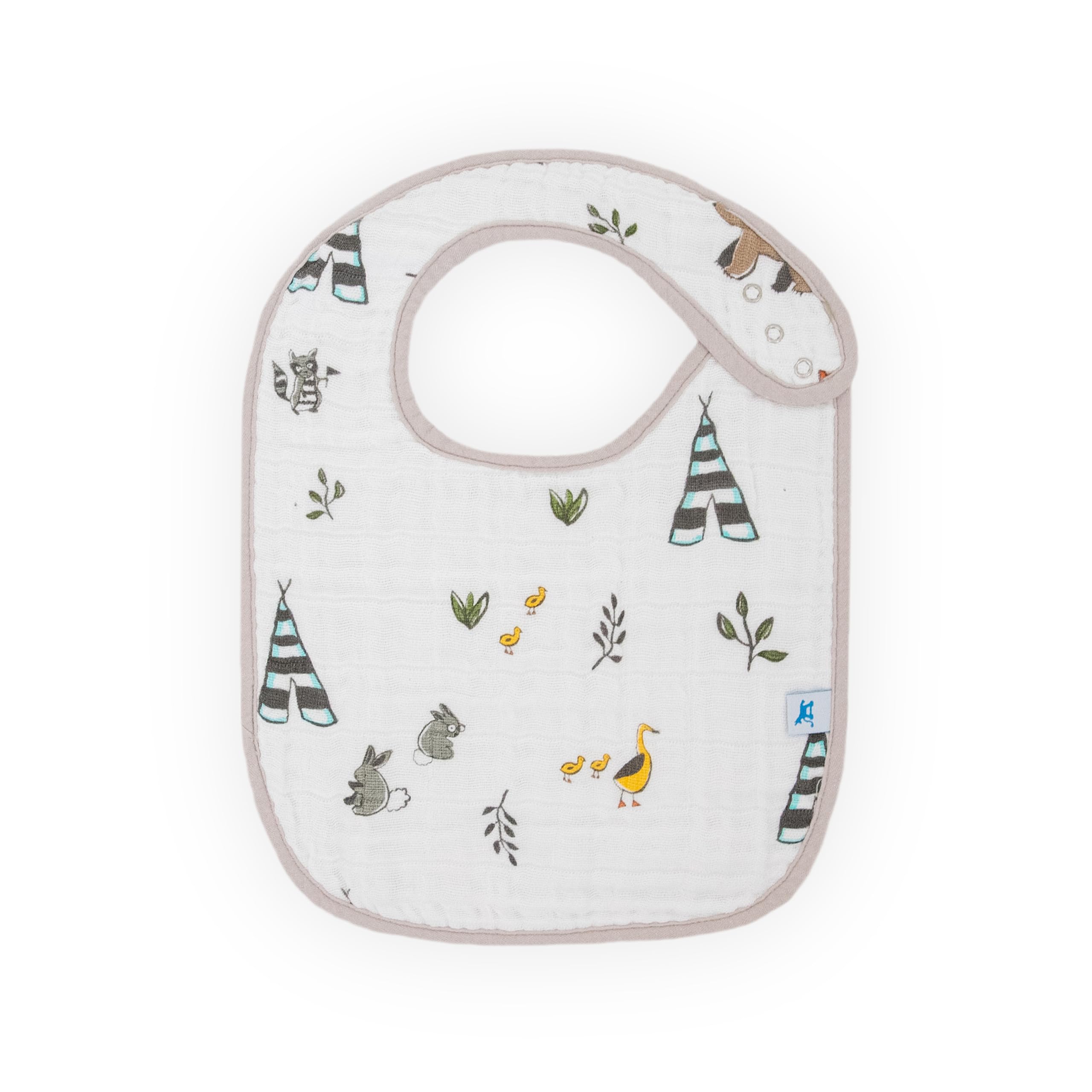 Little Unicorn Premium Classic Bib Forest Friends 2—adjustable 3-snap fit stays snug as babies grow.