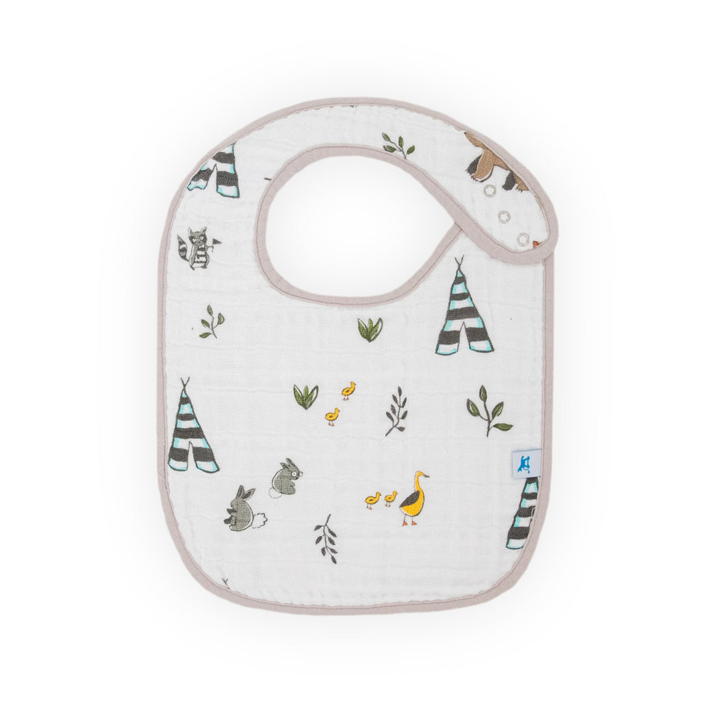 Little Unicorn Premium Classic Bib Forest Friends 2—adjustable 3-snap fit stays snug as babies grow.