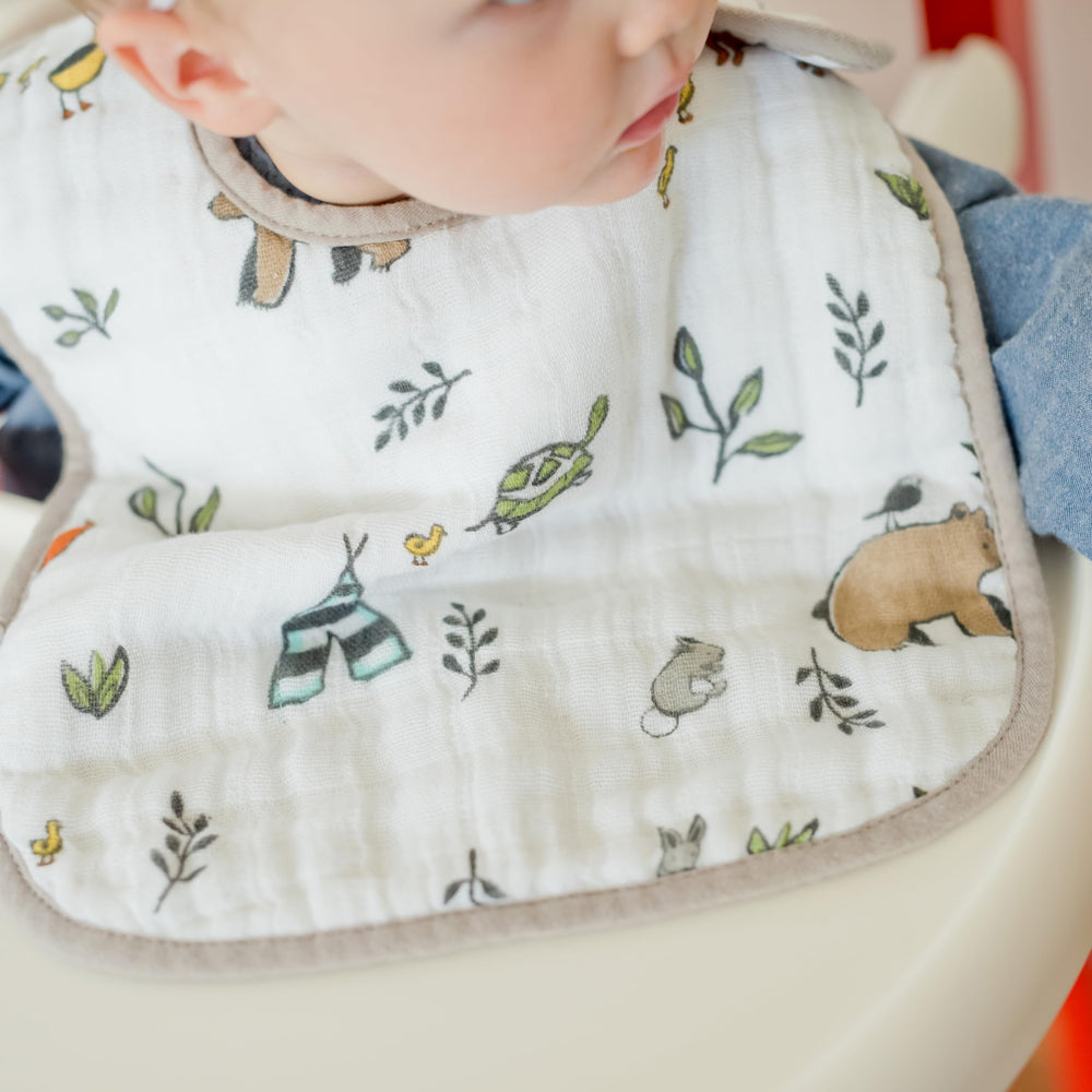 Little Unicorn Premium Classic Bib Forest Friends 7—easy care, durable fabric that softens with washing.