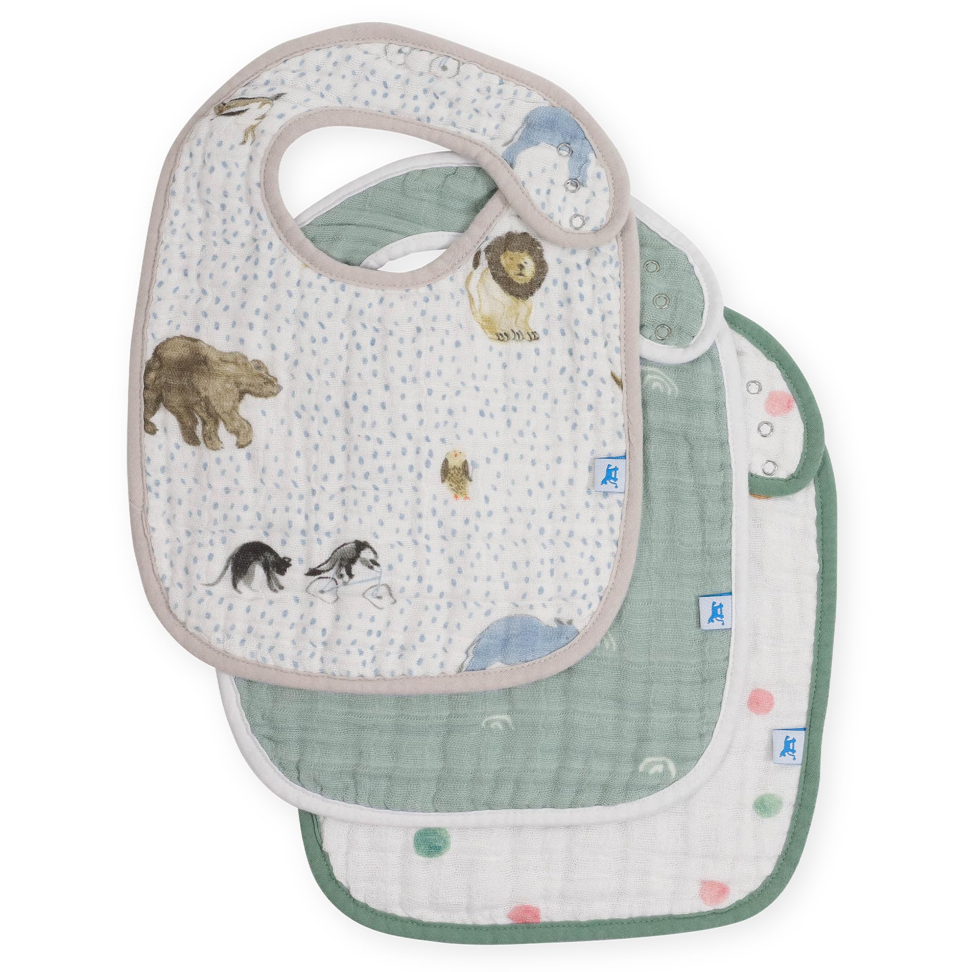 Little Unicorn Premium Classic Bib Party Animals pattern keeps outfits clean during meals