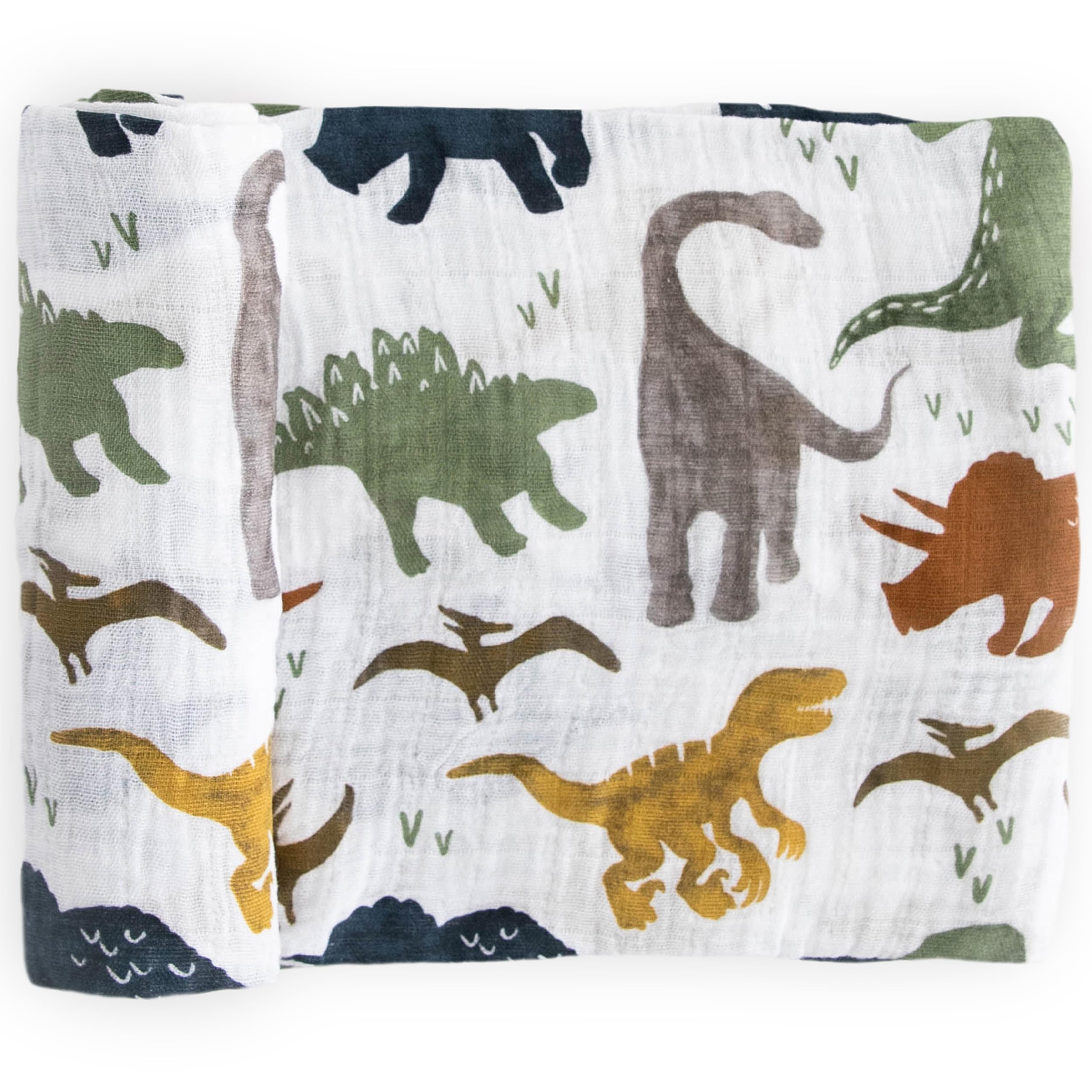 Little Unicorn premium cotton swaddle dino friends closeup shows breathable muslin for cozy nights