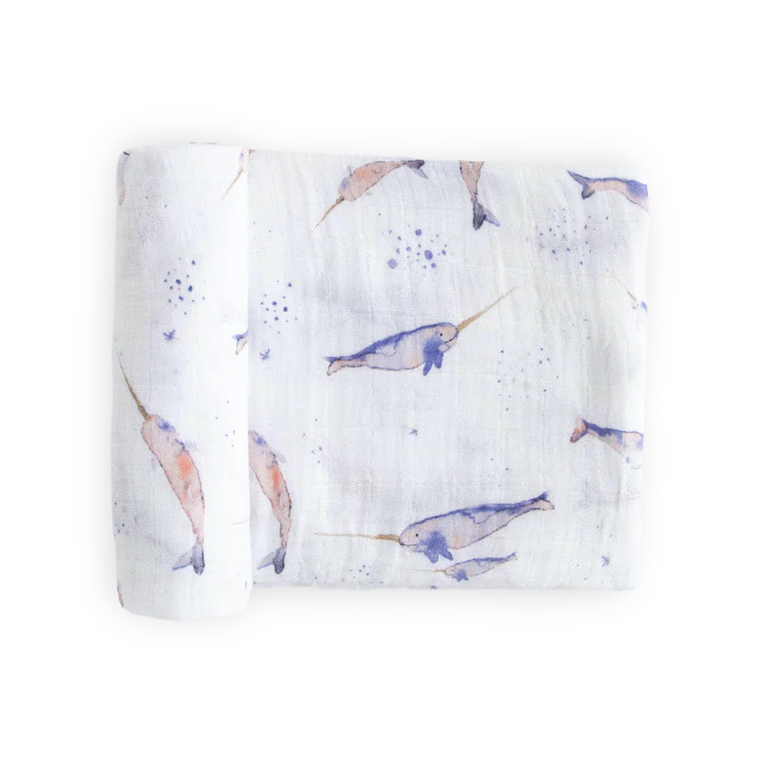 Little Unicorn premium cotton swaddle narwhal design closeup highlights breathable muslin.