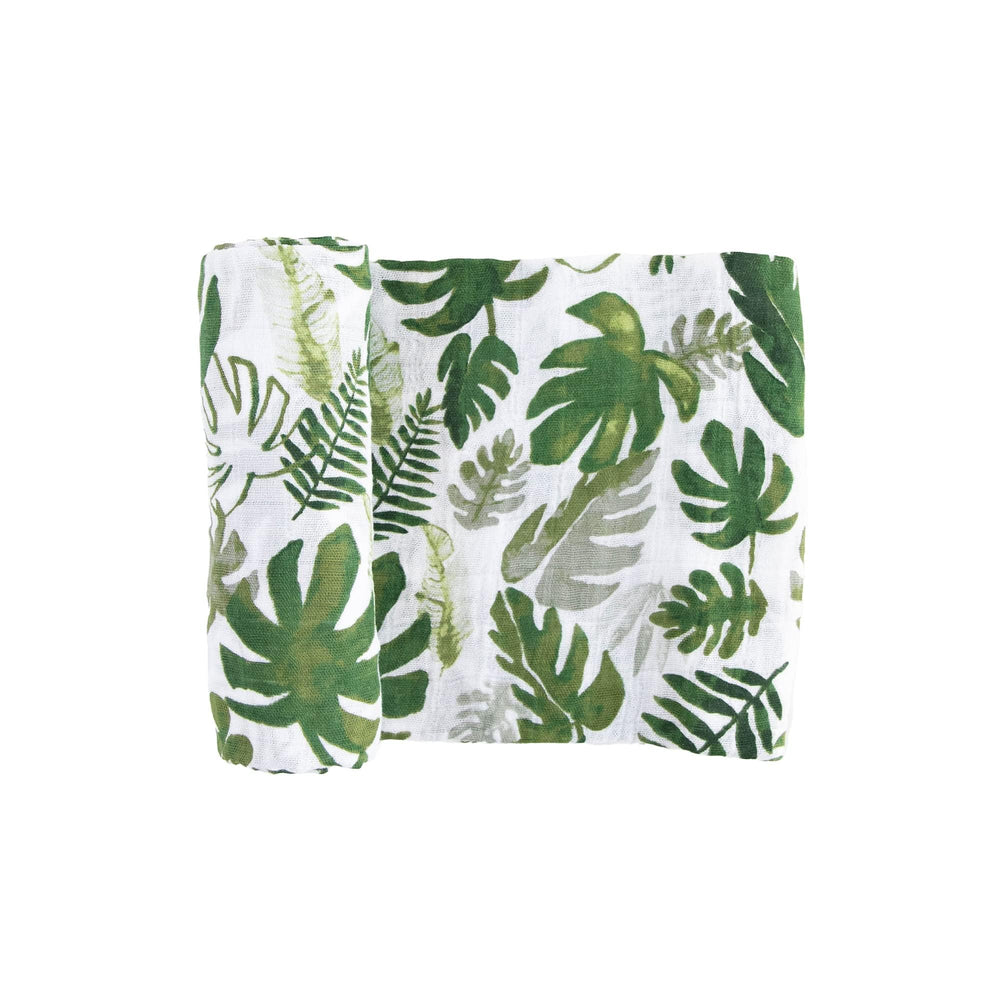 Little Unicorn premium cotton swaddle Tropical Leaf closeup shows soft breathable fabric for newborn comfort