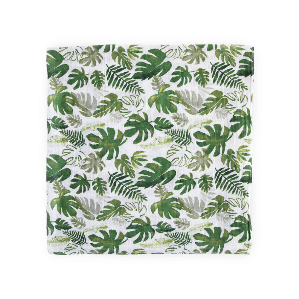Little Unicorn Tropical Leaf swaddle in stroller outing demonstrates breathable comfort