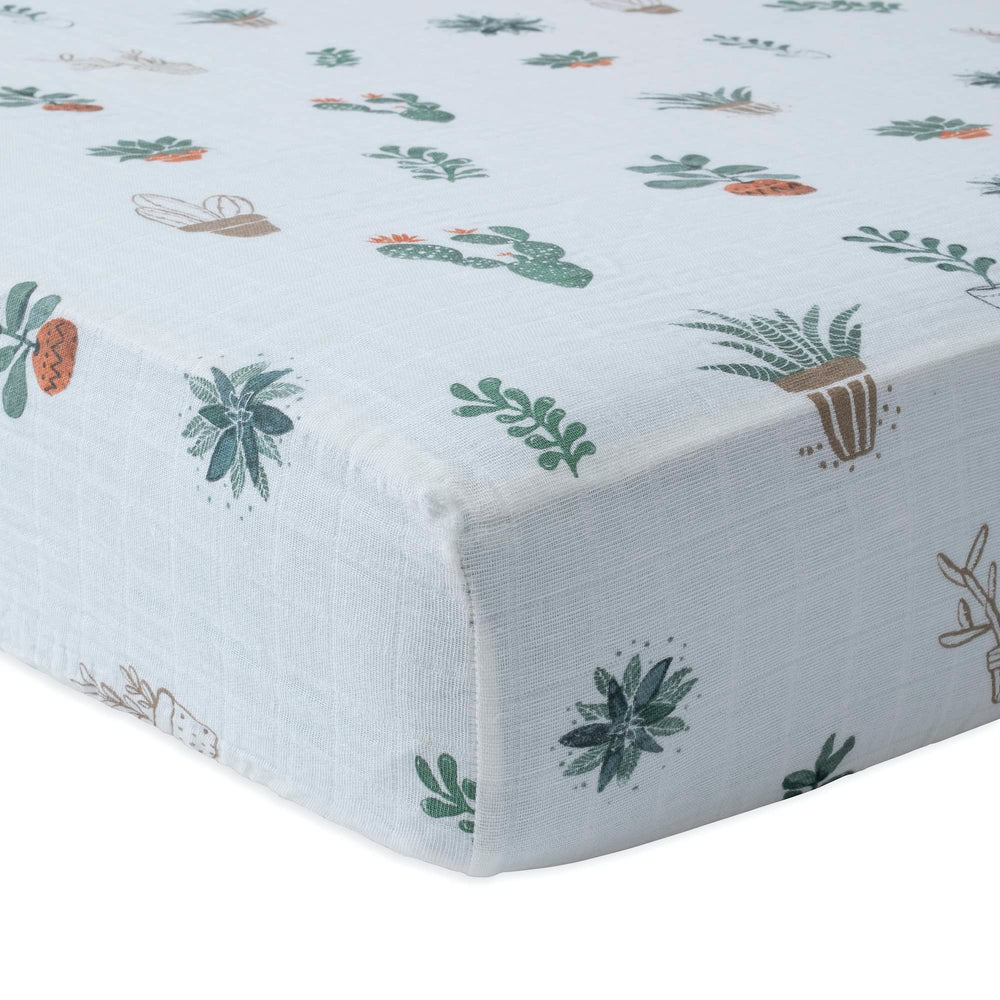 Little Unicorn Premium Crib Sheet muslin closeup shows breathable fabric and ultra-soft texture