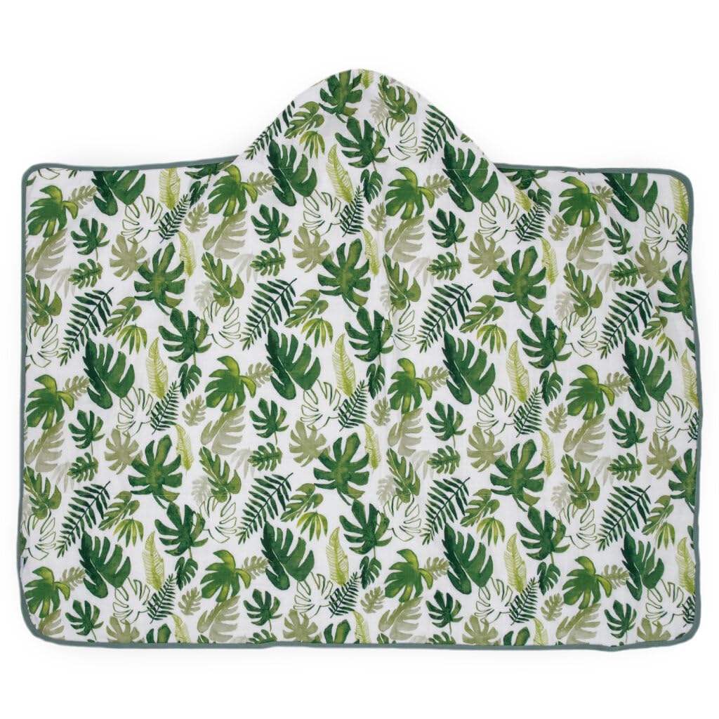 Little Unicorn premium hooded bath towel tropical leaf folded display highlights large size