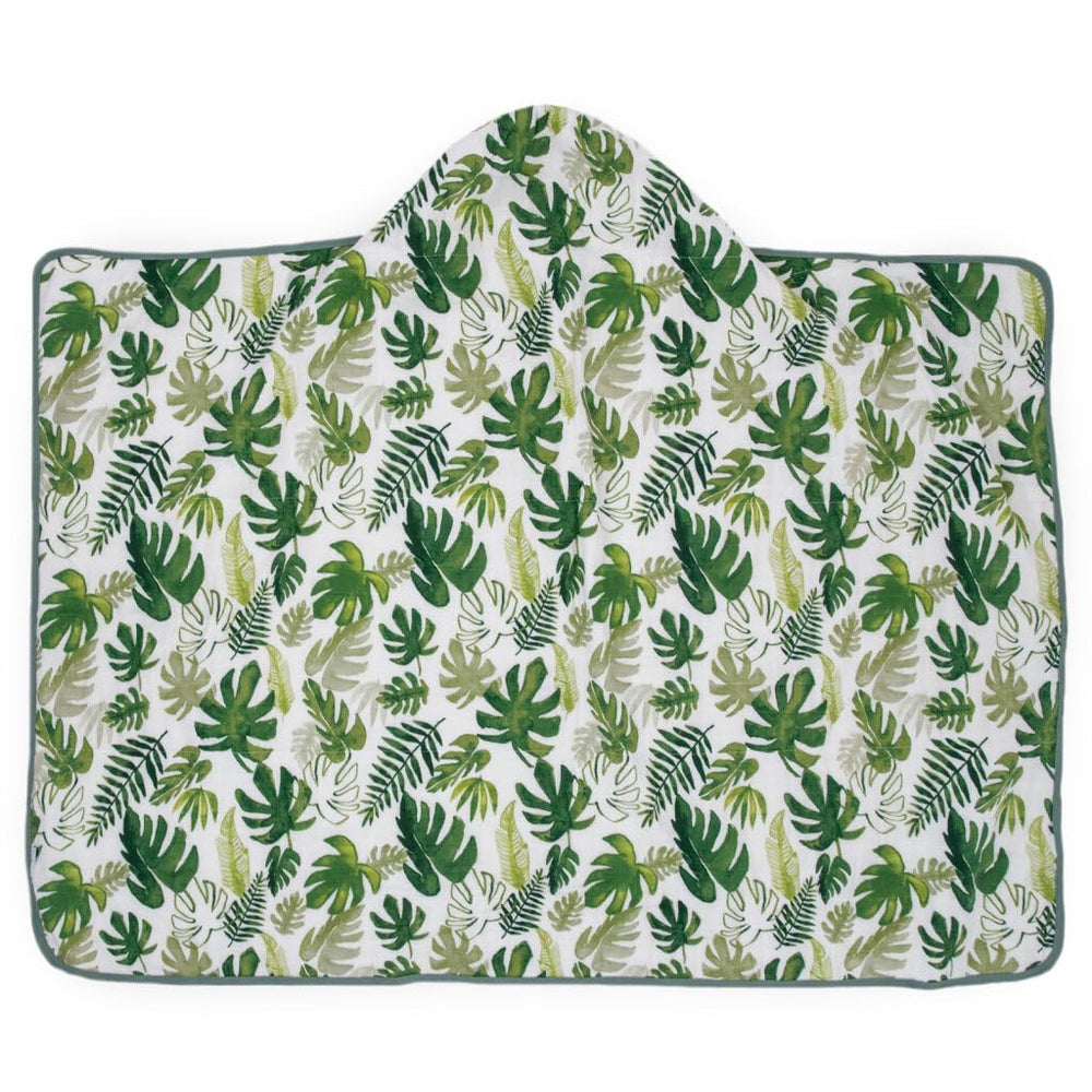 Little Unicorn premium hooded bath towel tropical leaf folded display highlights large size