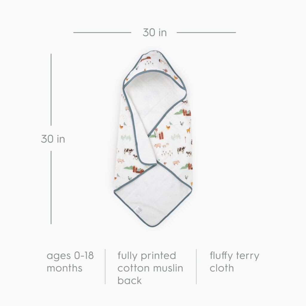 Little Unicorn farmyard print image displays playful design for bath time comfort.