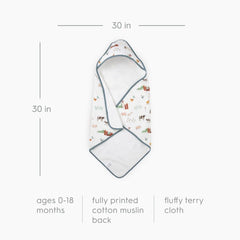 Little Unicorn farmyard print image displays playful design for bath time comfort.