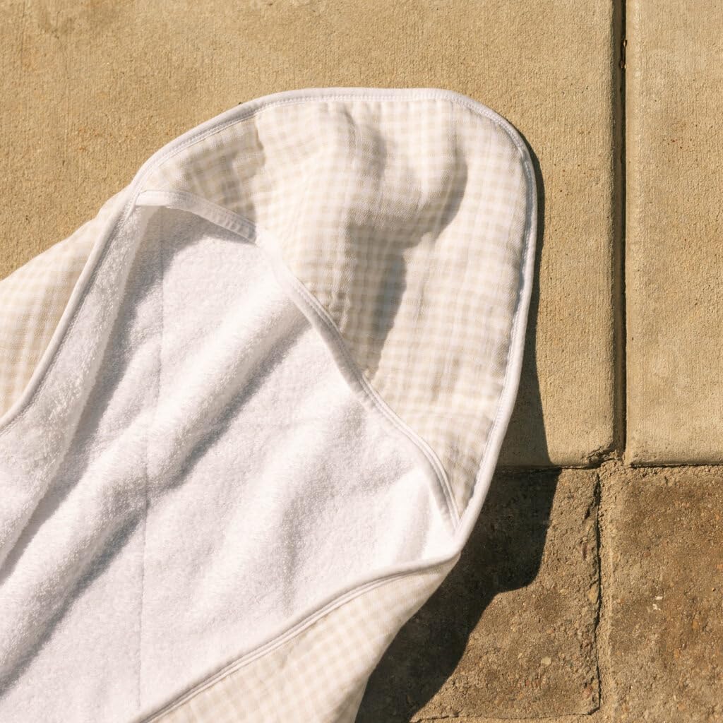 Little Unicorn Premium Infant Hooded Bath Towel, tan gingham pattern for stylish bath time