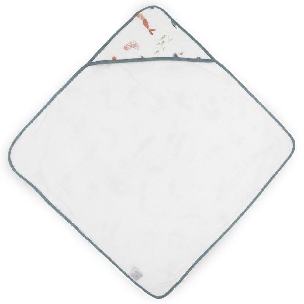 Little Unicorn mermaids hooded towel back view with plush absorbent interior.
