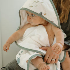 Little Unicorn mermaids towel size 32x30 inches for newborns and small infants.