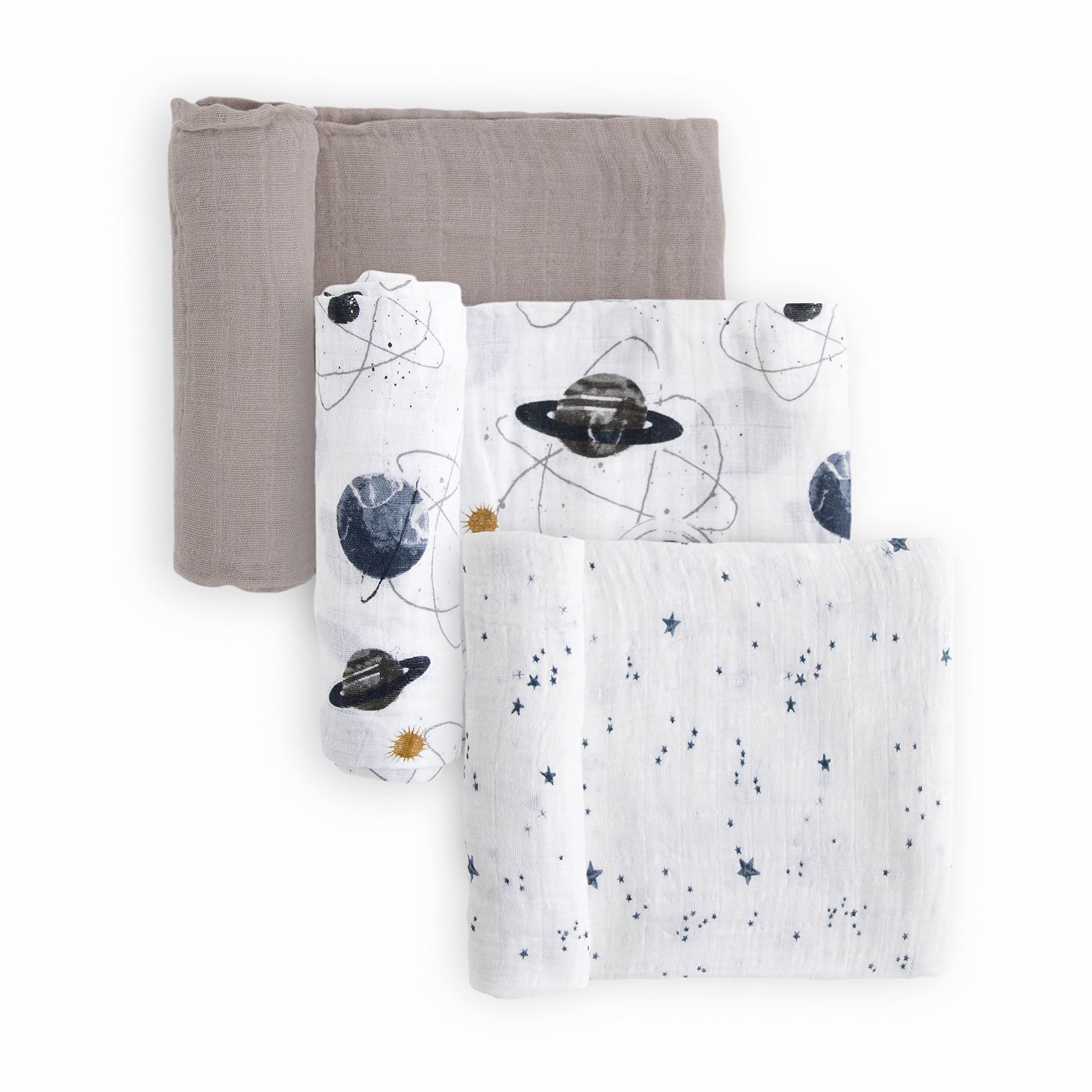 Little Unicorn swaddle Planetary 2 closeup shows breathable cotton for cozy naps.