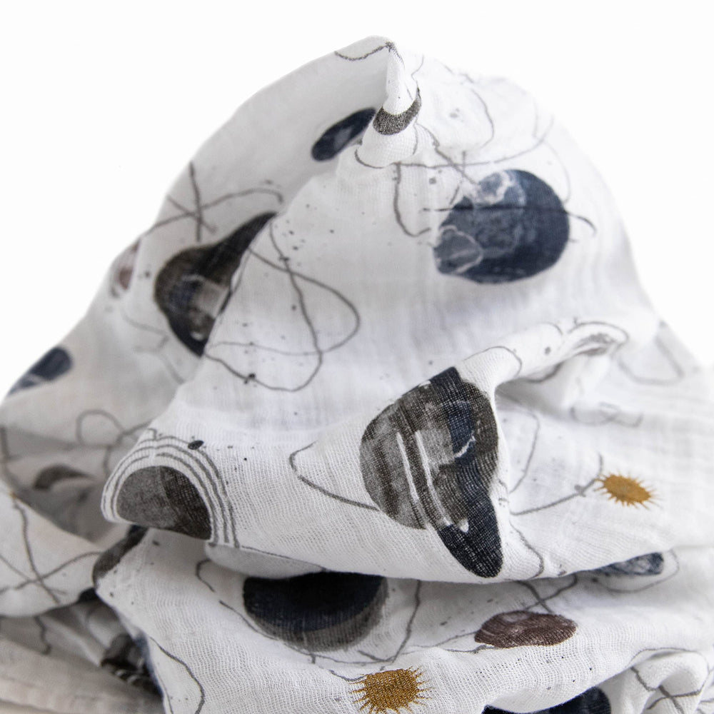 Little Unicorn swaddle Planetary 2 folded pack demonstrates compact, versatile swaddling options.