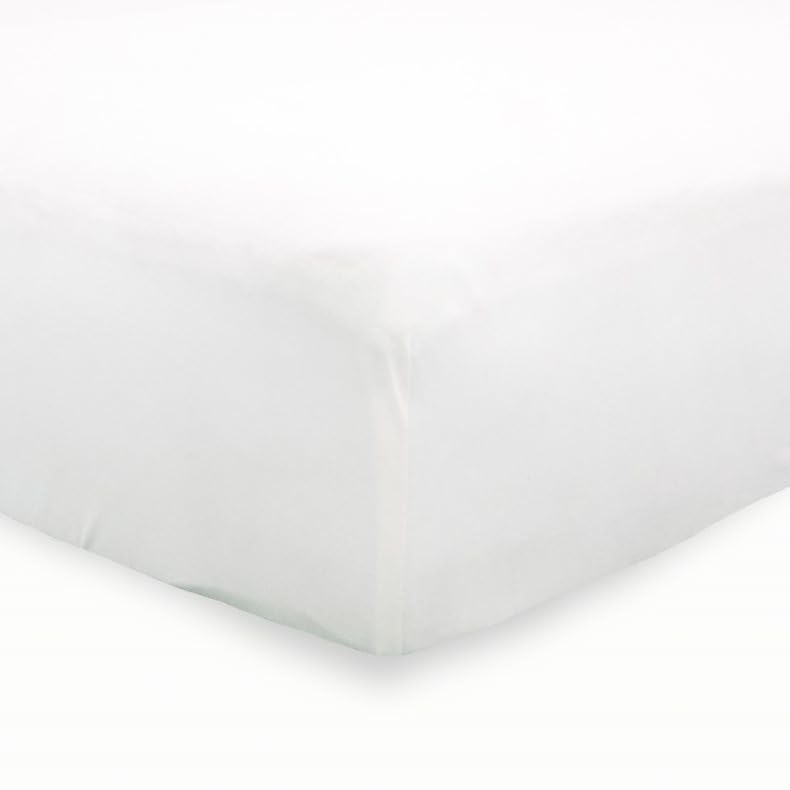 Little Unicorn premium stretch-knit crib sheet white snug-fit on mattress demonstrates secure, snug sleeping space.