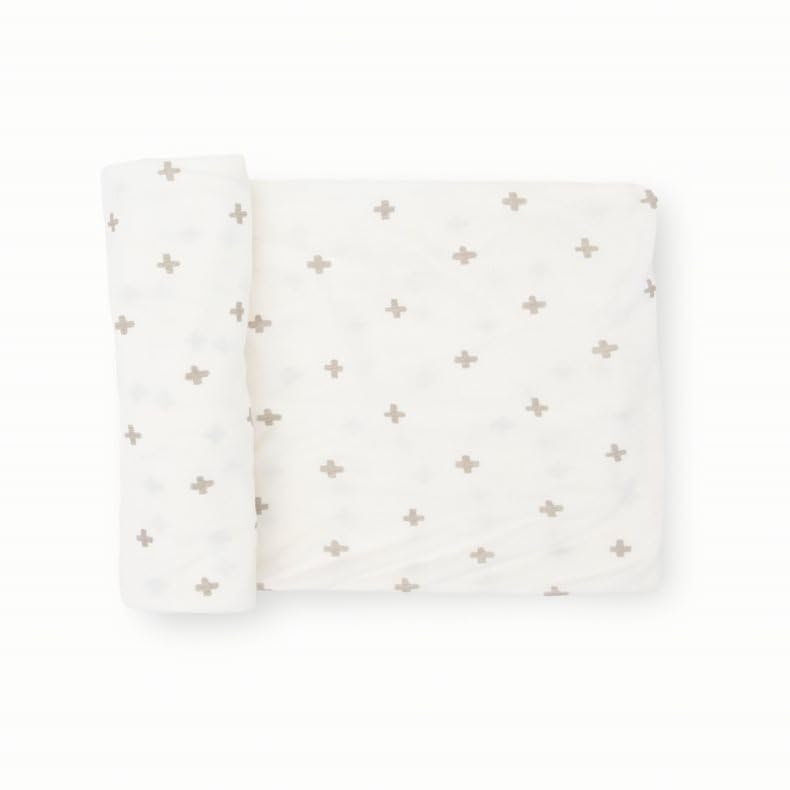 Little Unicorn Premium Stretch Knit Swaddle Grey Cross closeup shows buttery-soft weave for newborn comfort.
