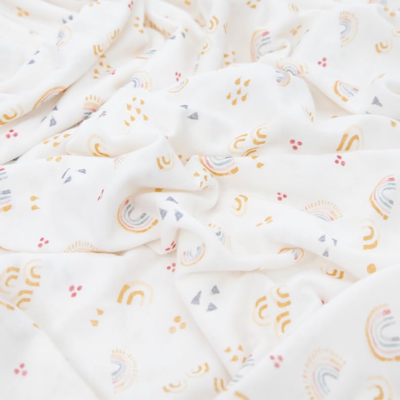 Little Unicorn rainbows knit texture close-up shows buttery-soft fabric and stretch