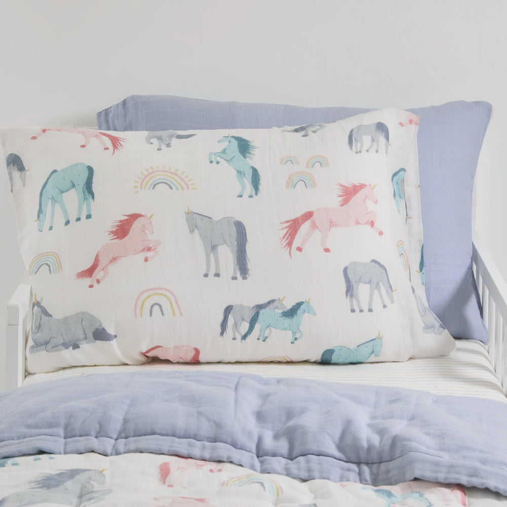 Little Unicorn standard pillowcase envelope closure keeps pillow secure and neat.