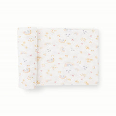 Little Unicorn swaddle rainbows fabric displays soft weave for breathable comfort.