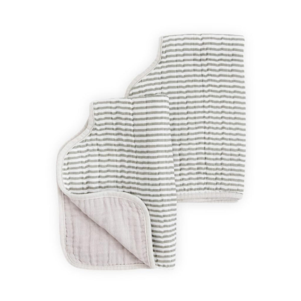 Little Unicorn burp cloth grey stripe folded demonstrates compact storage and quick drying