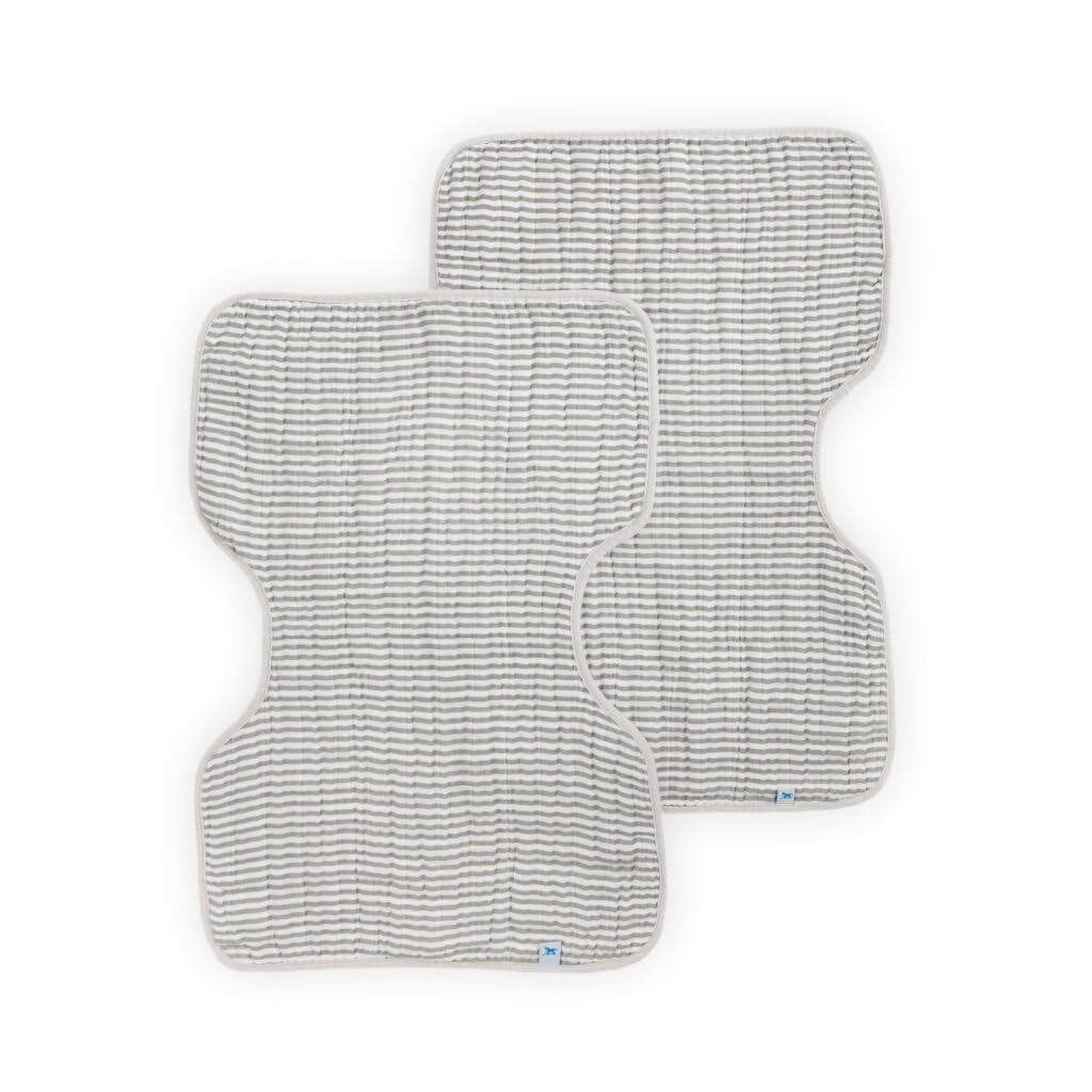Little Unicorn burp cloth grey stripe front view highlighting ultra-absorbent fabric for messes