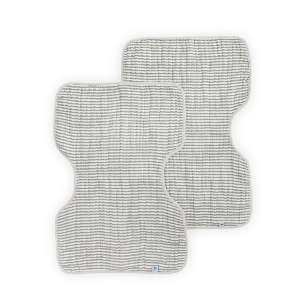 Little Unicorn burp cloth grey stripe front view highlighting ultra-absorbent fabric for messes