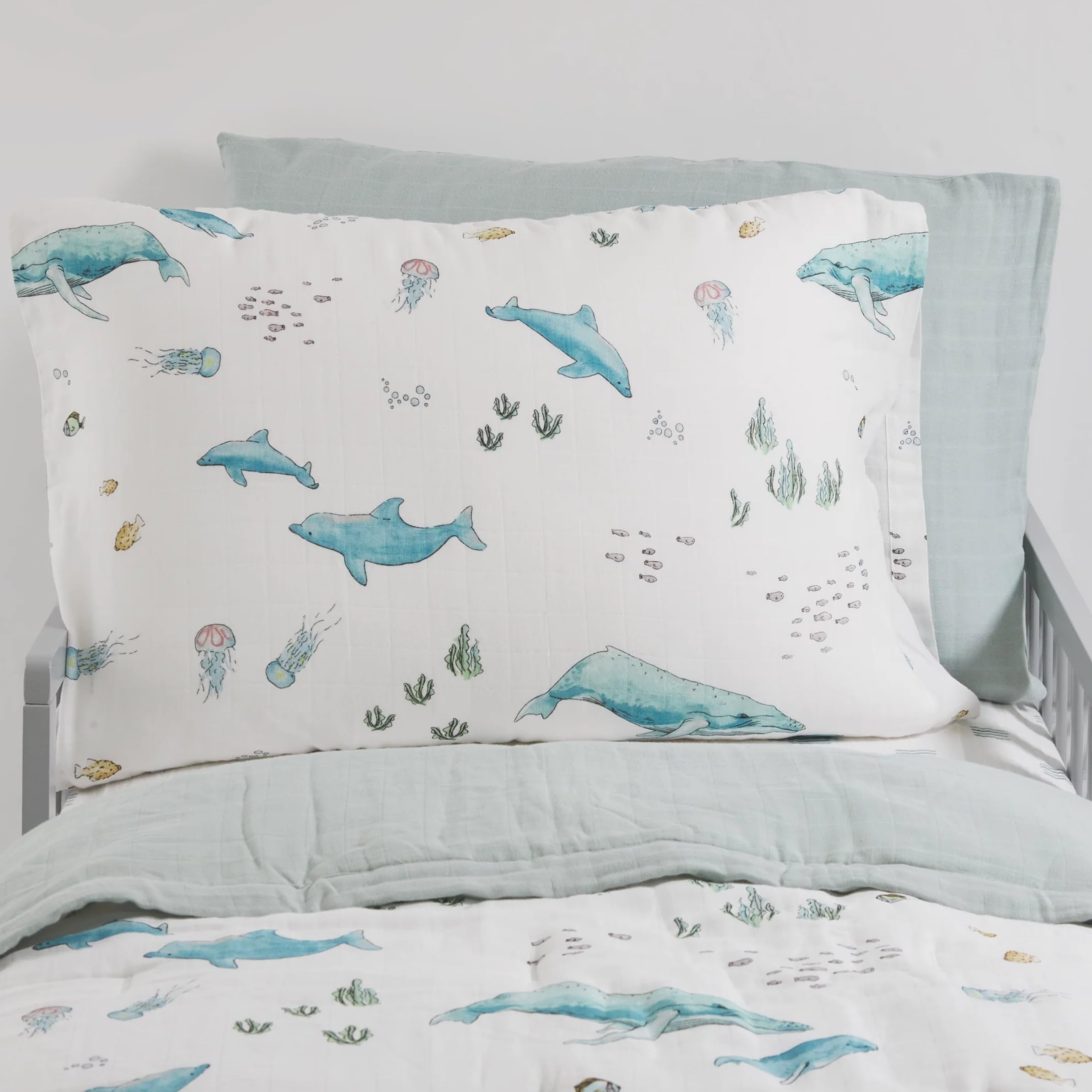 Little Unicorn pillowcase whales breathable-muslin shows airy fabric for warm nights.