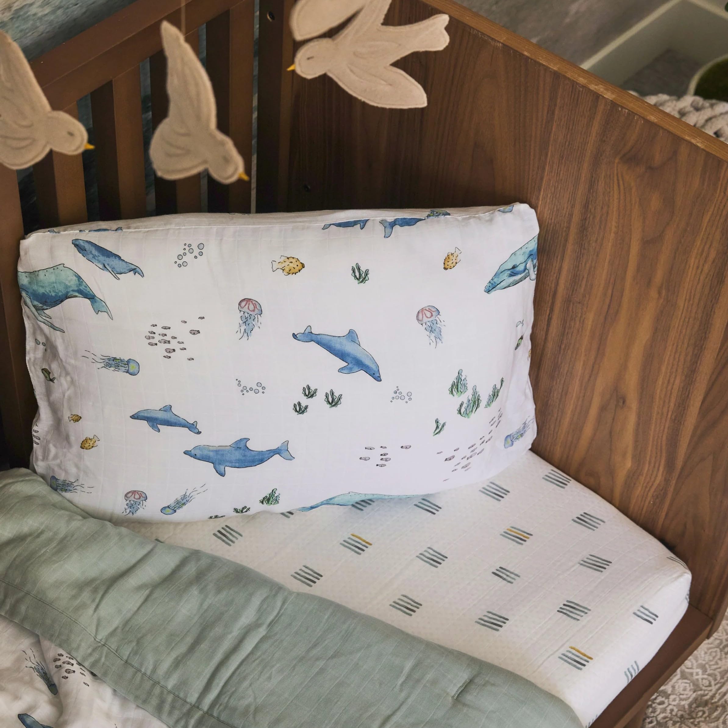 Little Unicorn pillowcase whales gift-ready design suits nursery gifting.