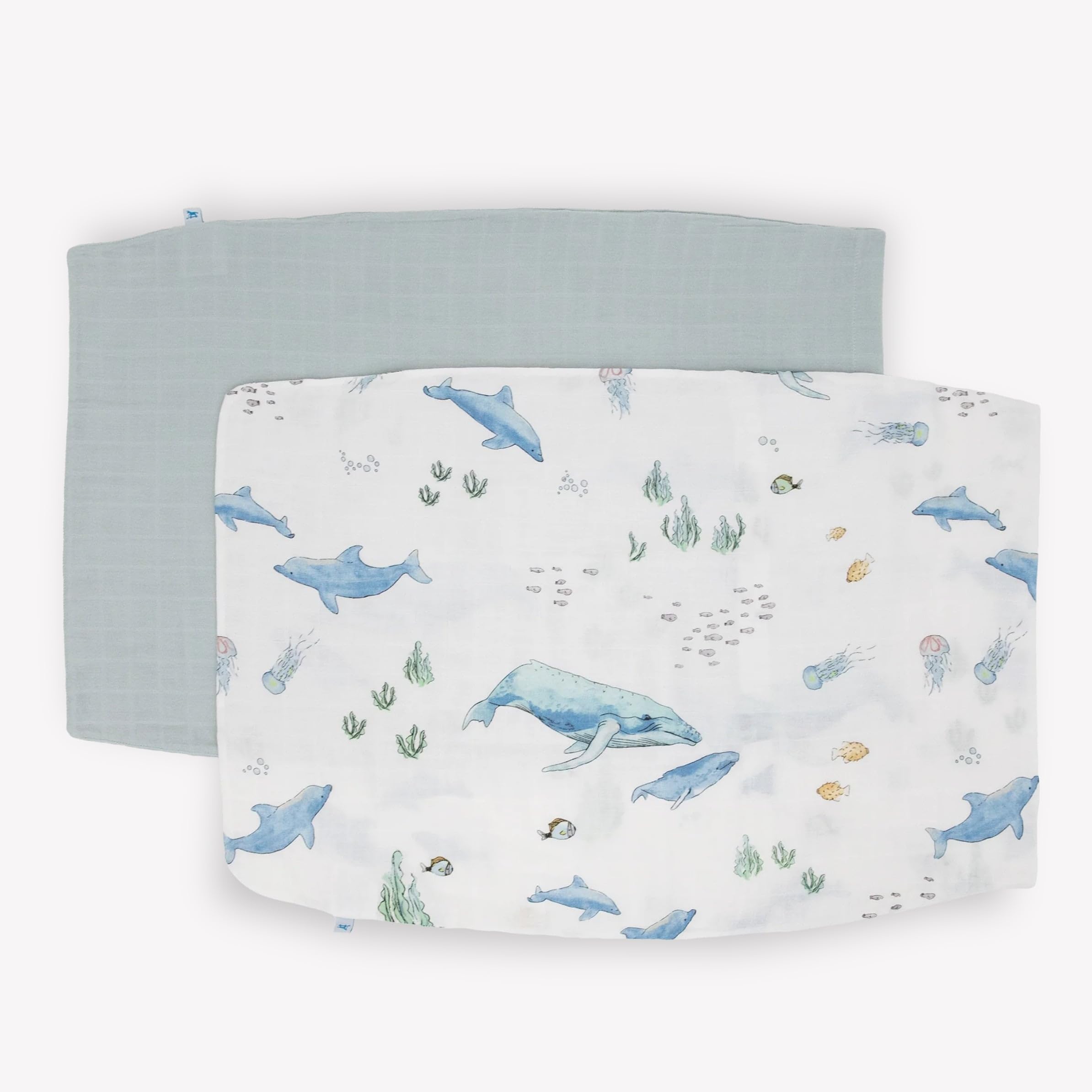 Little Unicorn pillowcase whales envelope-closure demonstrates secure fit for standard pillows.