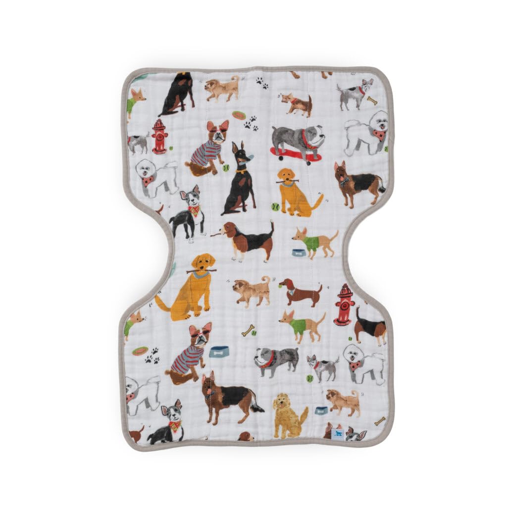 Little Unicorn Woof burp cloth offers full shoulder coverage to keep outfits clean.