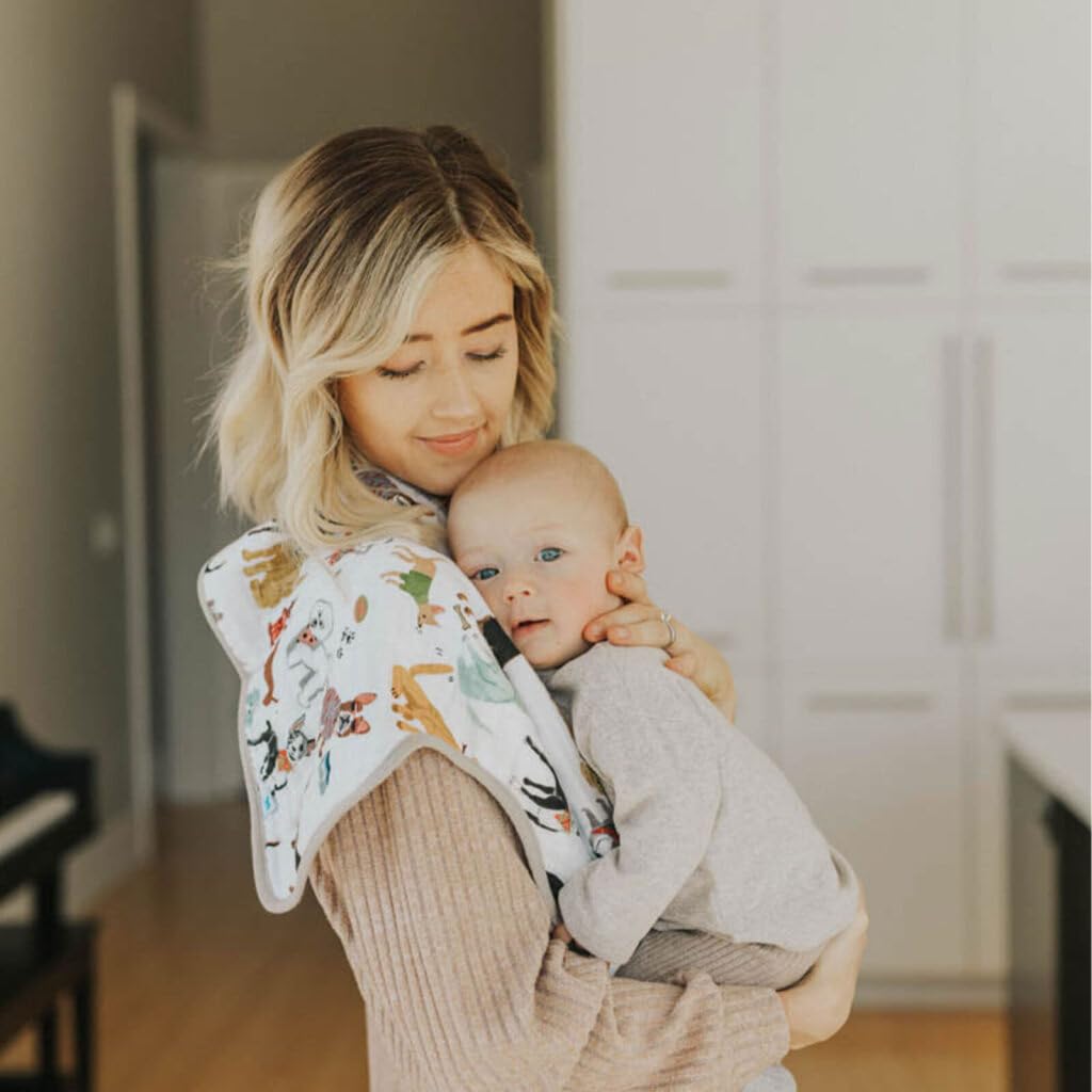 Little Unicorn Woof burp cloth ergonomic shape wraps around neck for comfort.
