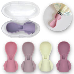 Little Whispers pouch spoon attachment Blossom 5pack case demonstrates travel-ready organization for snacks.