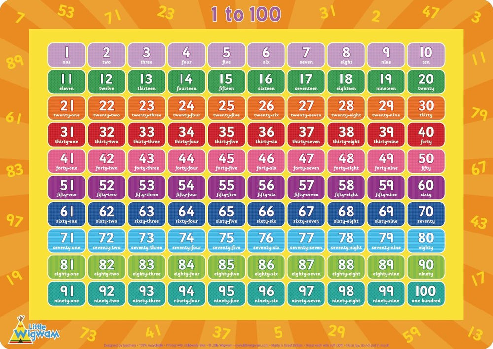 Little Wigwam 1 to 100 placemat front view aids writing practice during homework sessions.