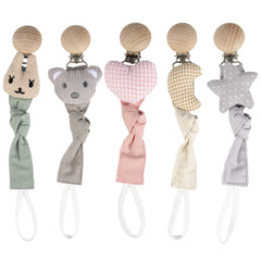 Little World pacifier clip with wood-pattern beads keeps pacifier secure and clothing protected.