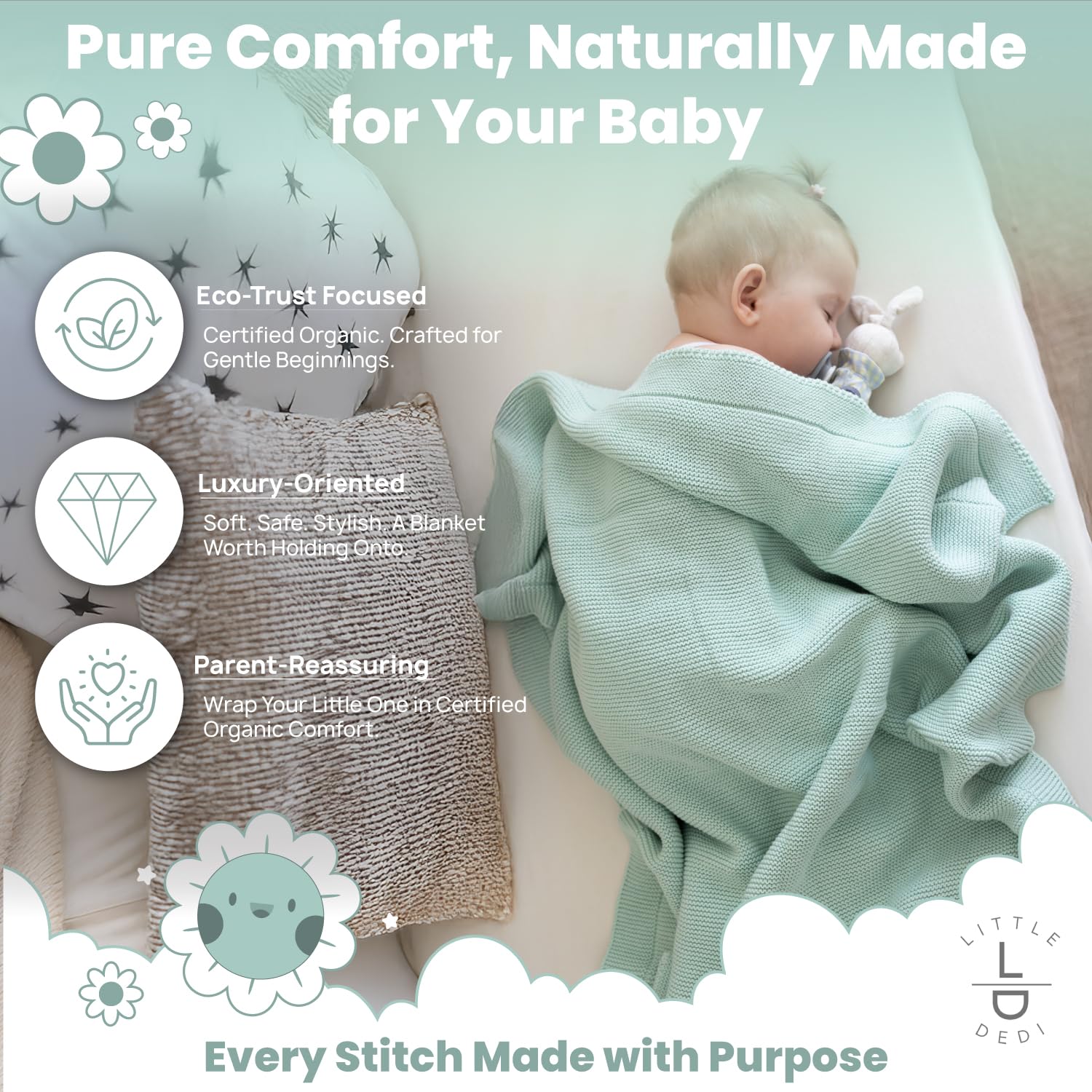 Little Dedi sage crib scene shows durable organic cotton for newborn softness