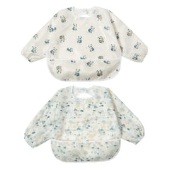 Little Dimsum Mess-Proof Bib cover-full-view shows full chest-to-knee protection during meals.