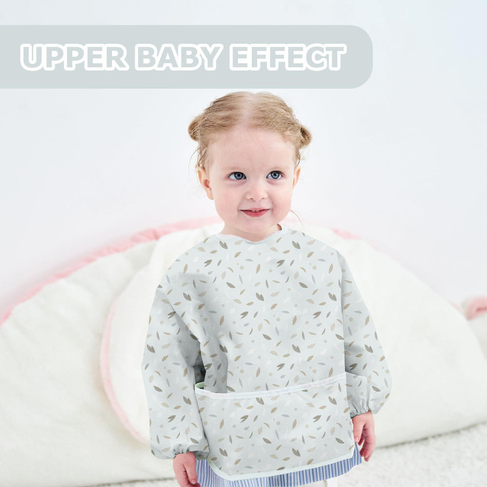 Little Dimsum blue leaves full-sleeved bib keeps clothes clean with waterproof surface