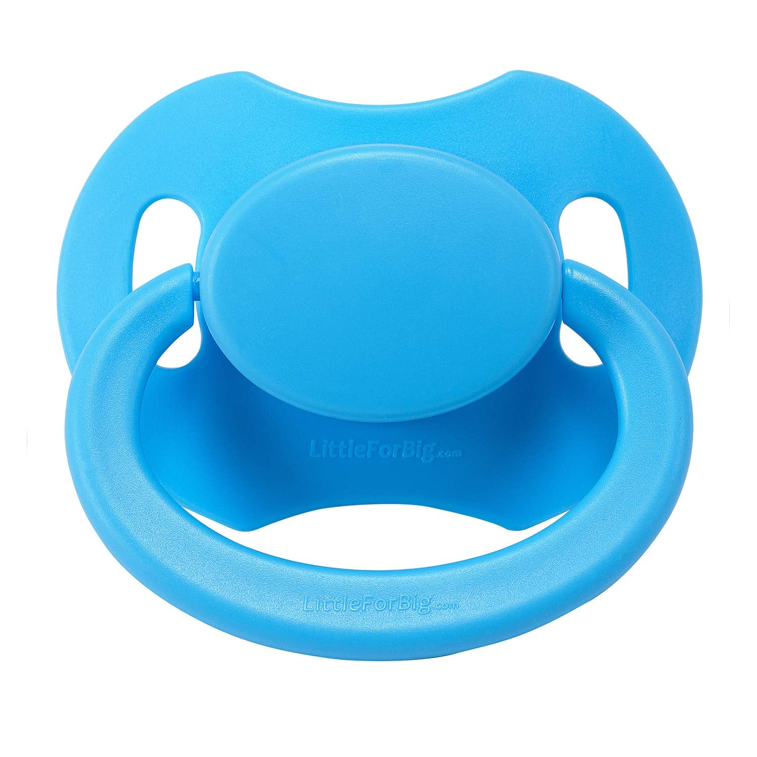 LittleForBig Bigshield Gen-II adult pacifier blue nipple close-up highlighting the natural-feel silicone teat.