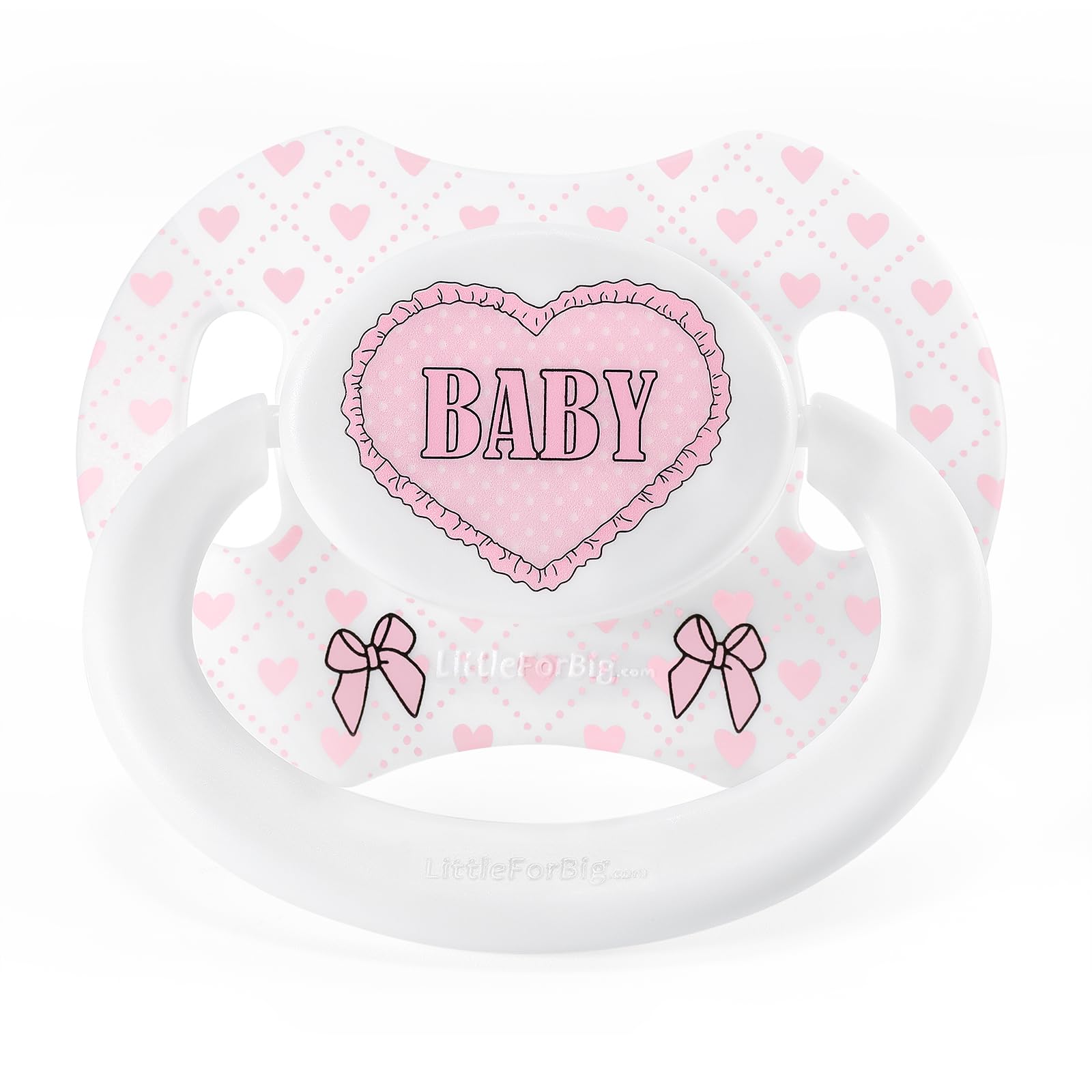 Littleforbig Bigshield Gen-II adult pacifier closeup showing Blushing Baby print for stylish comfort