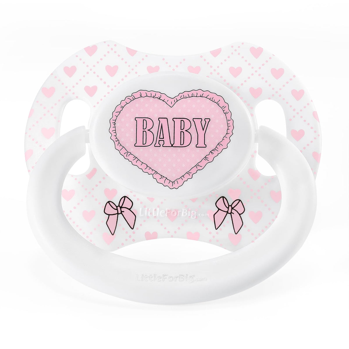 Littleforbig Bigshield Gen-II adult pacifier closeup showing Blushing Baby print for stylish comfort