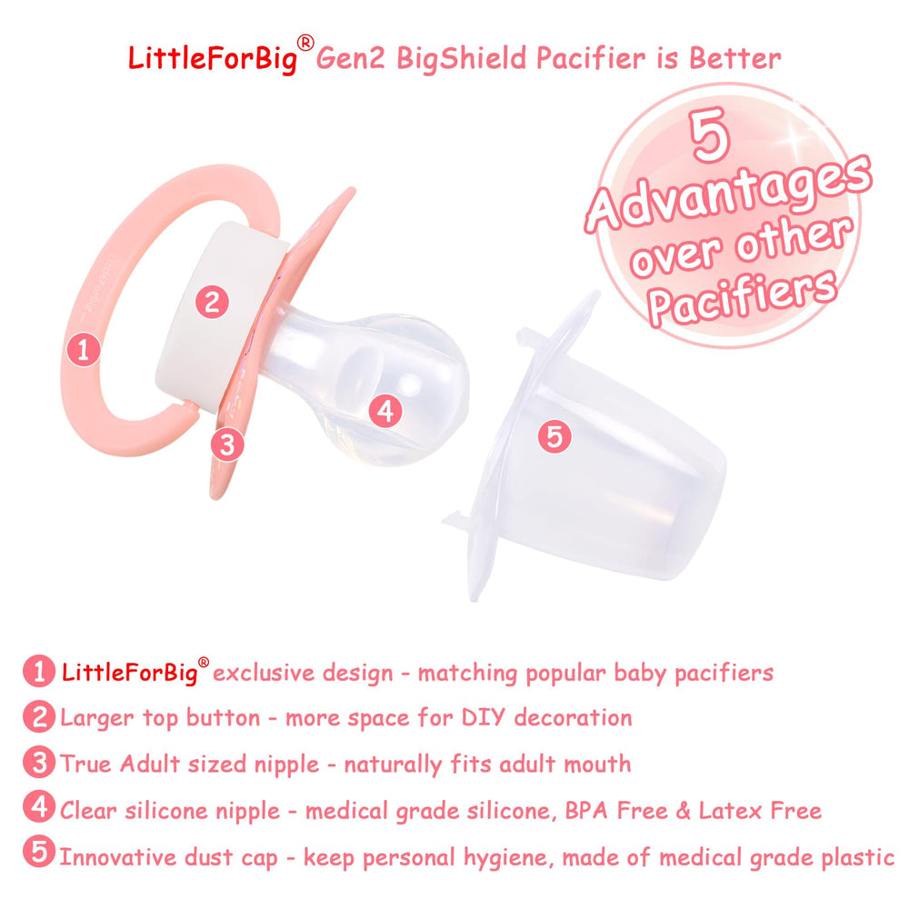 Bigshield Gen-II pacifier button close-up shows larger decorating surface.